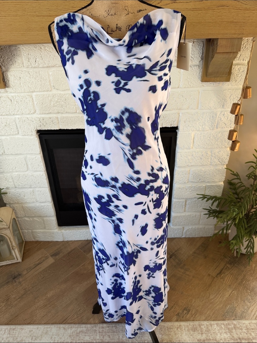 Calvin Klein White Maxi Dress with Blue Abstract Print